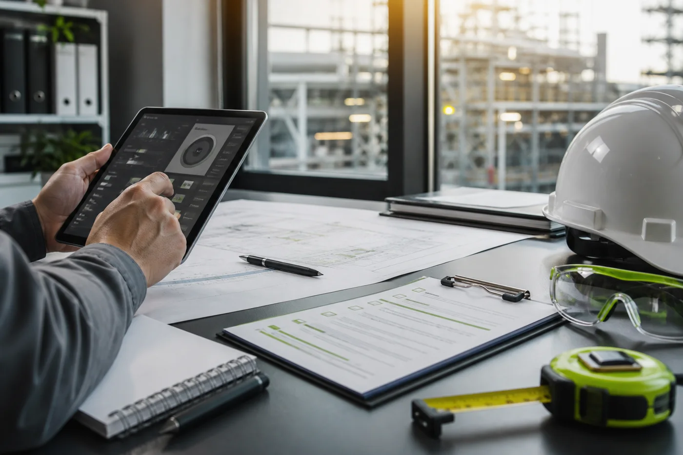 Documentação técnica de segurança do trabalho sendo analisada com tablet, capacete e equipamentos de proteção